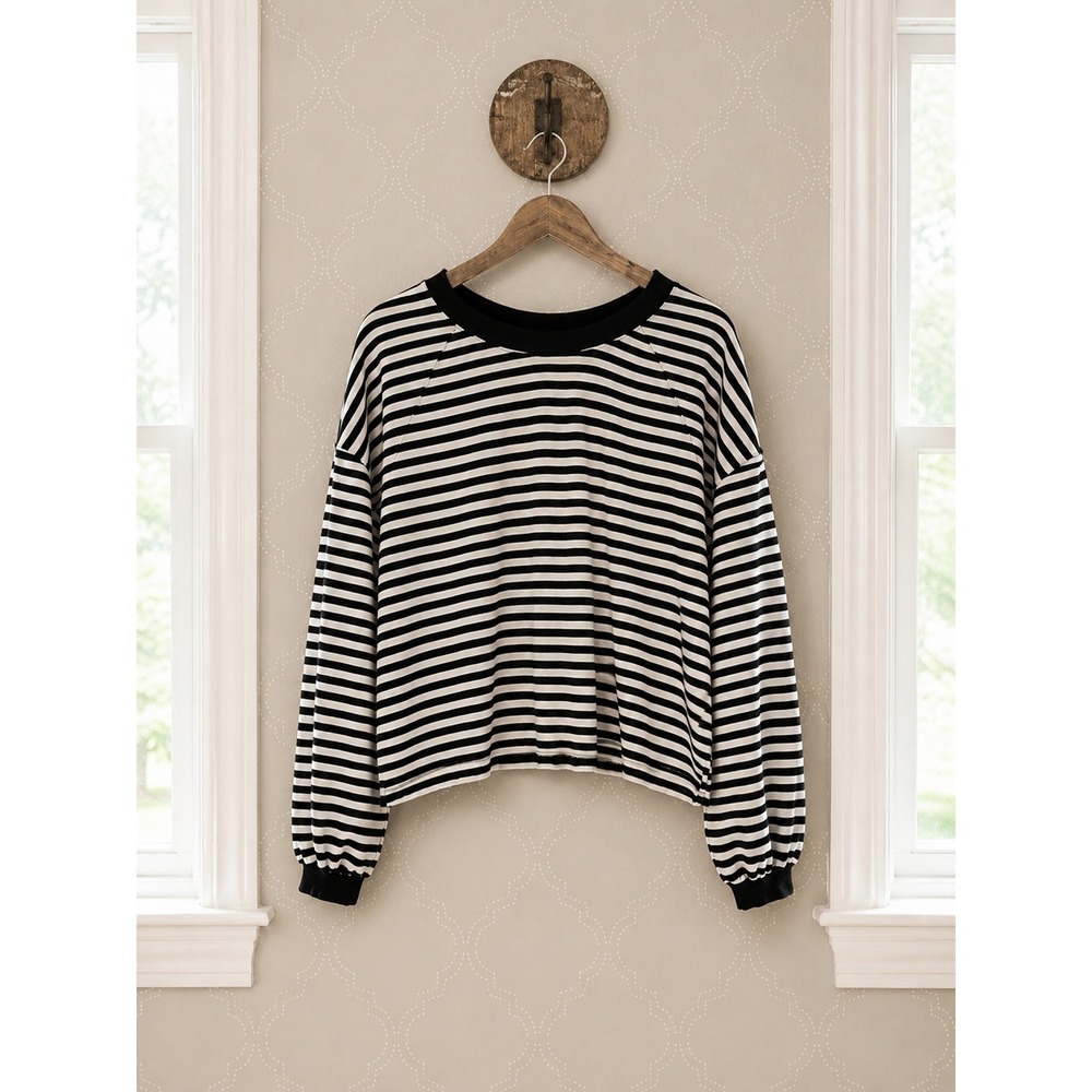 LOFT Black & Cream Striped Long-Sleeve Sweatshirt Size M EUC